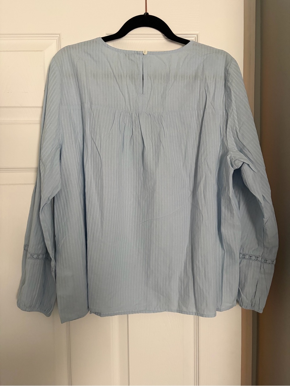 J. Crew Coastal Grandma Light Blue Cotton Lace Inset Peasant Long Sleeve Blouse - Picture 6 of 13